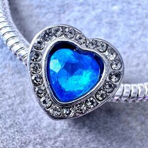 Blue Sparkling Heart Charm Bead fits PANDORA